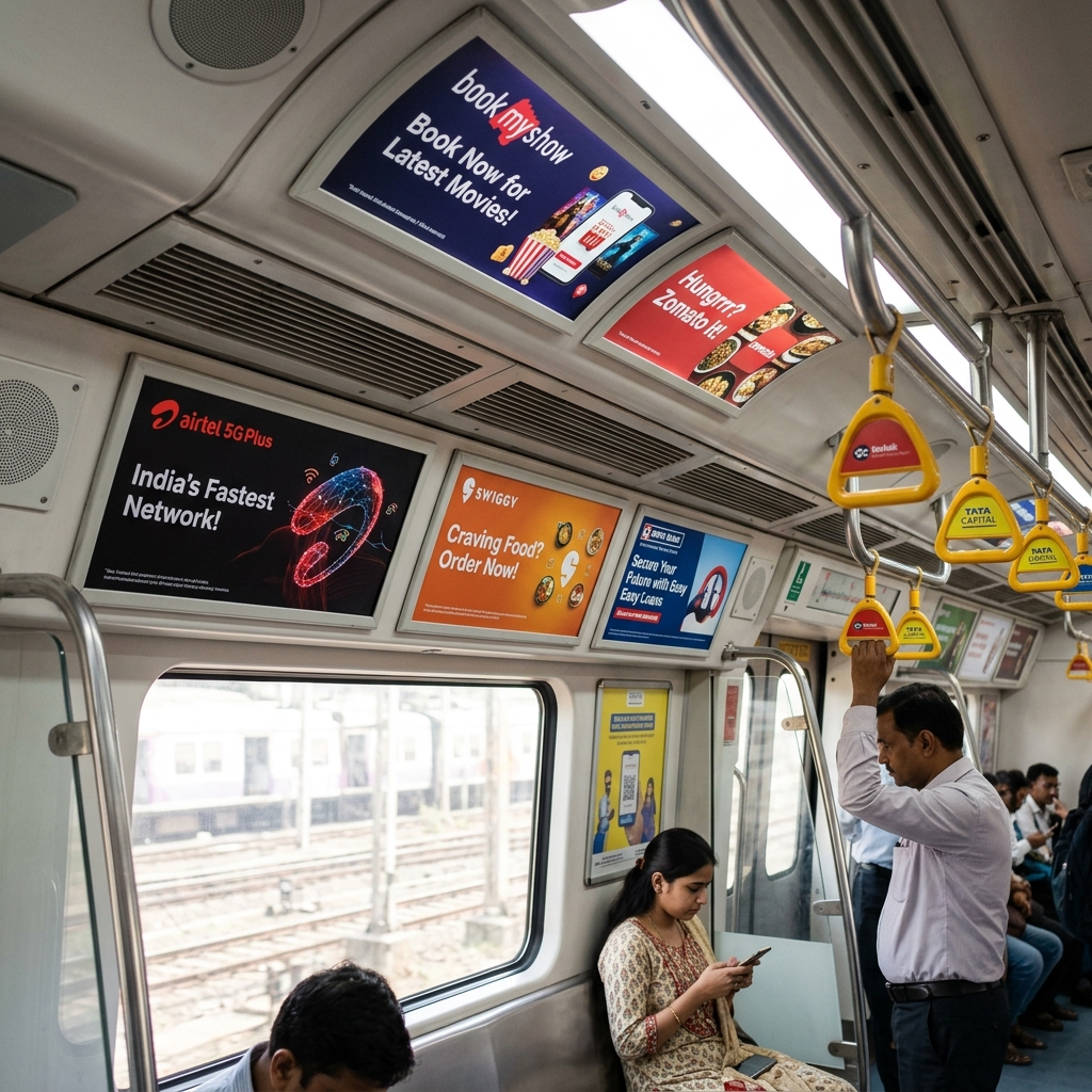 Inside View of AC Local Train with Brand Advertisements