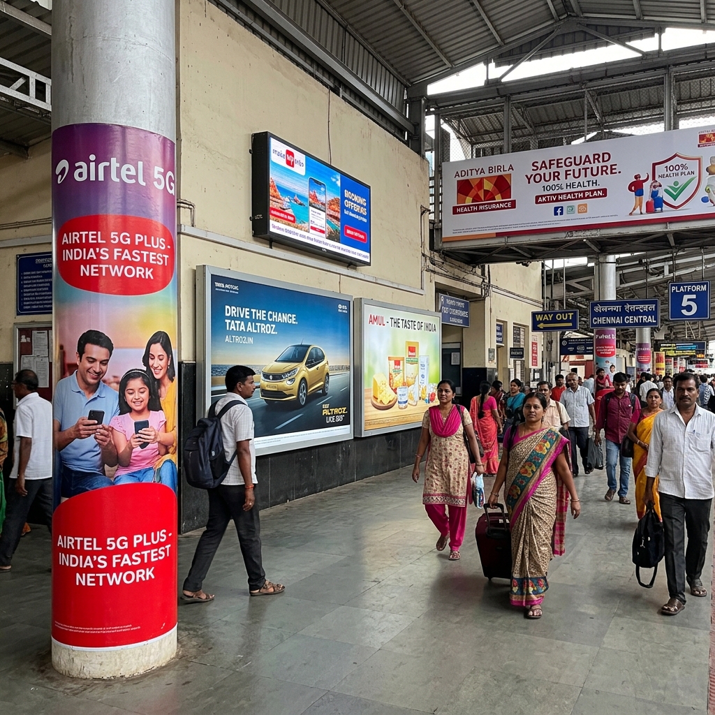 Advertising Displays at Mumbai Railway Station - Pillar Wraps and Digital Screens
